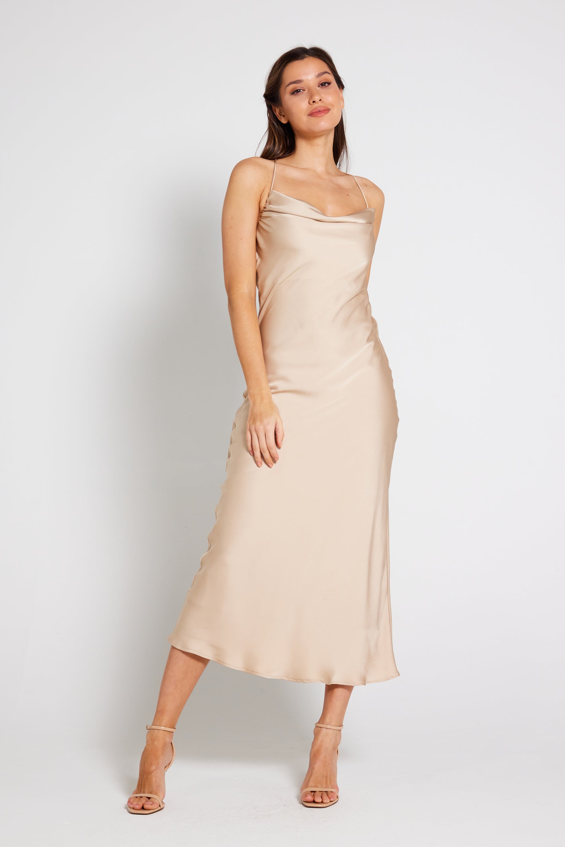 Chelsea Cowl Neck Backless Slip Dress in Champagne