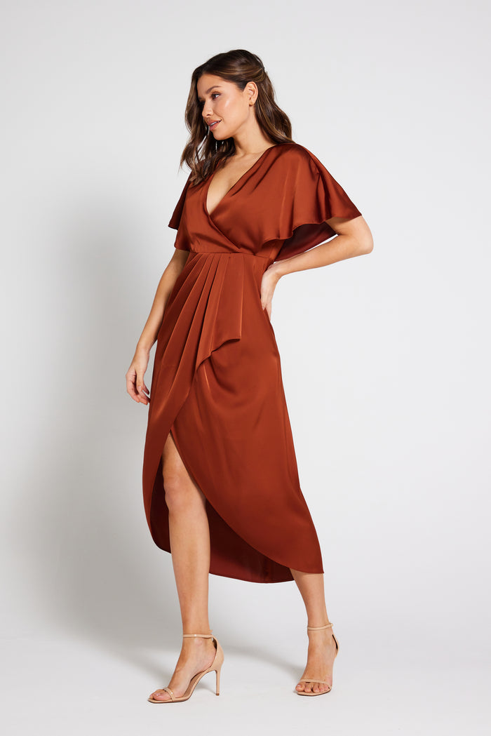 Clara Angel Sleeve Wrap Satin Midi Dress - Rust