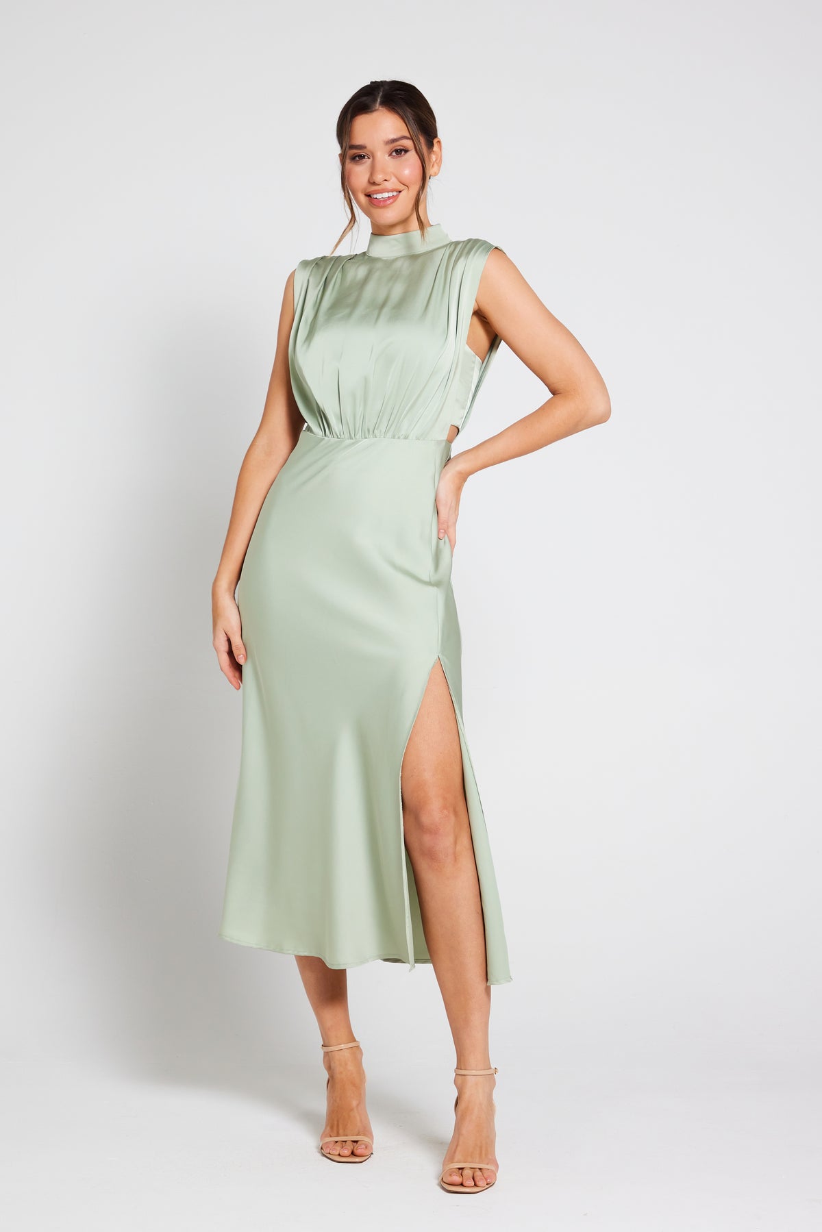 Elle Satin Midi Dress - Sage Green