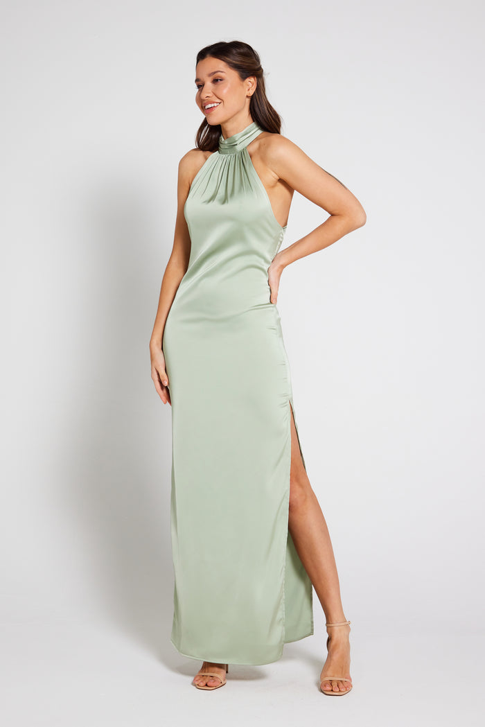 Harley Halter Neck Satin Maxi Dress - Sage Green