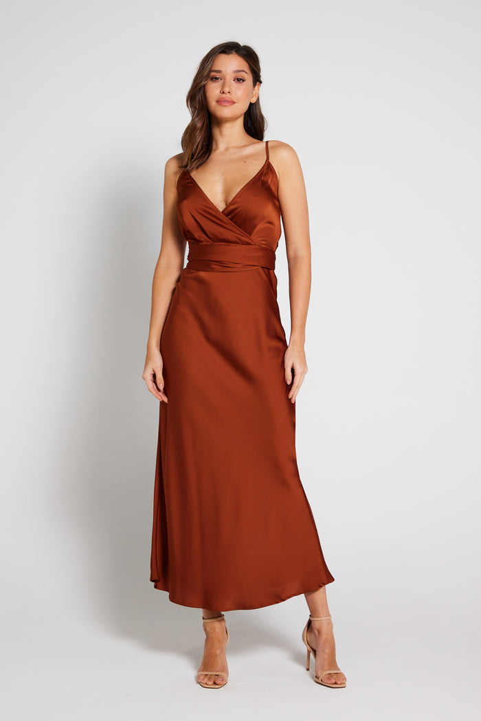 Louisa Tie Waist Cami Wrap Maxi Dress - Rust