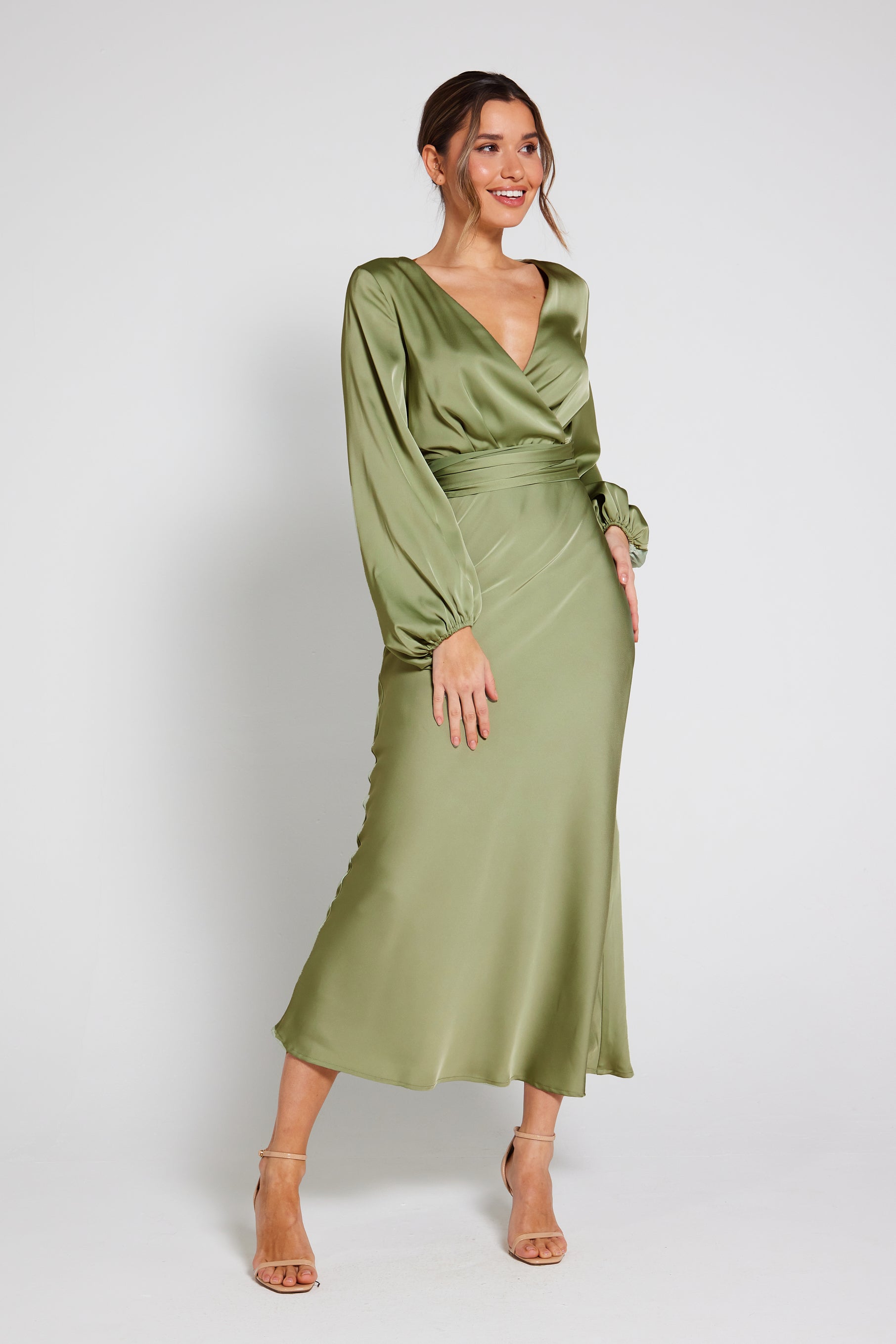 Pippa Long Sleeve Satin Maxi Dress - Olive Pippa Long Sleeve Satin Maxi Dress - Olive