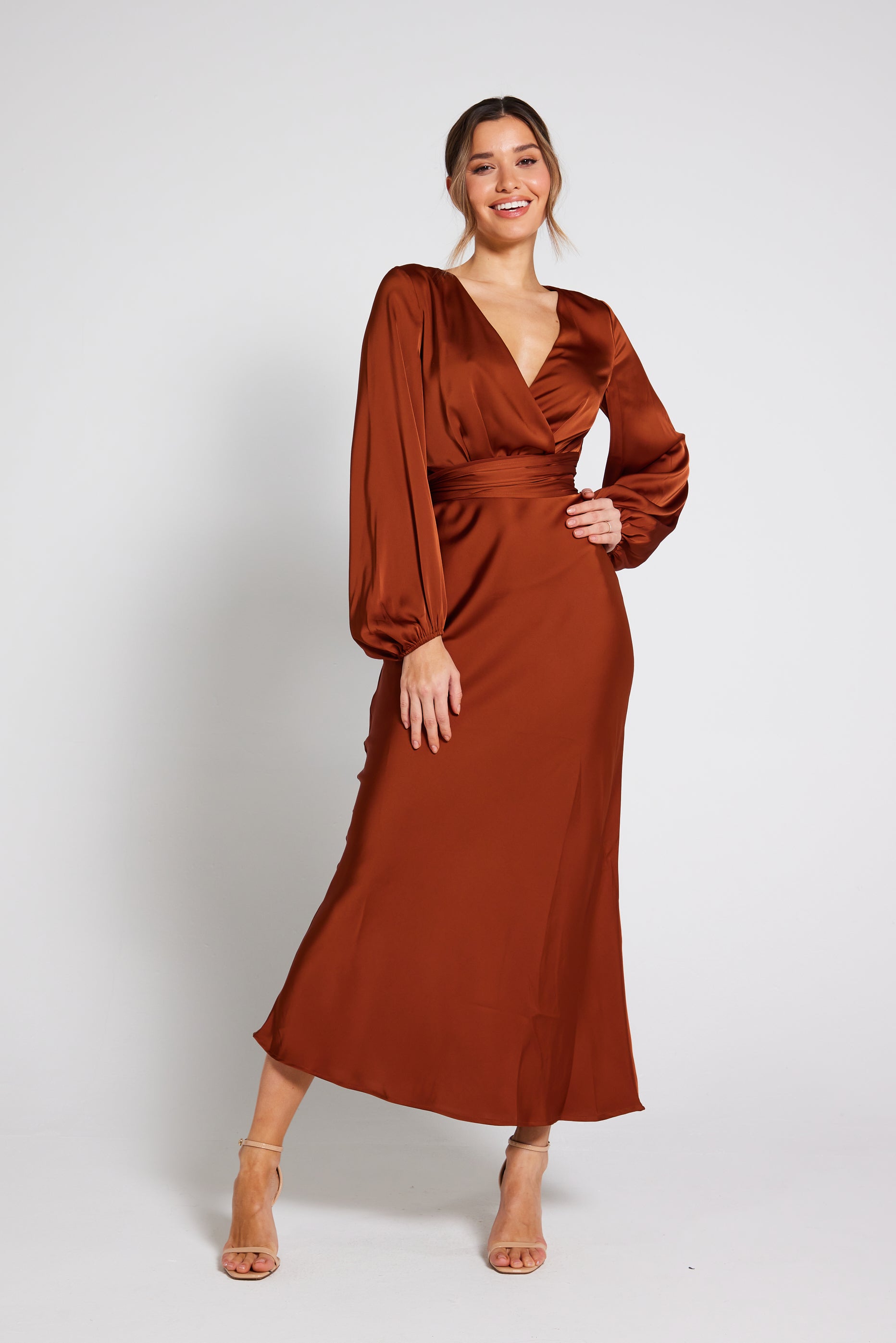 Pippa Long Sleeve Satin Maxi Dress - Rust Pippa Long Sleeve Satin Maxi Dress - Rust