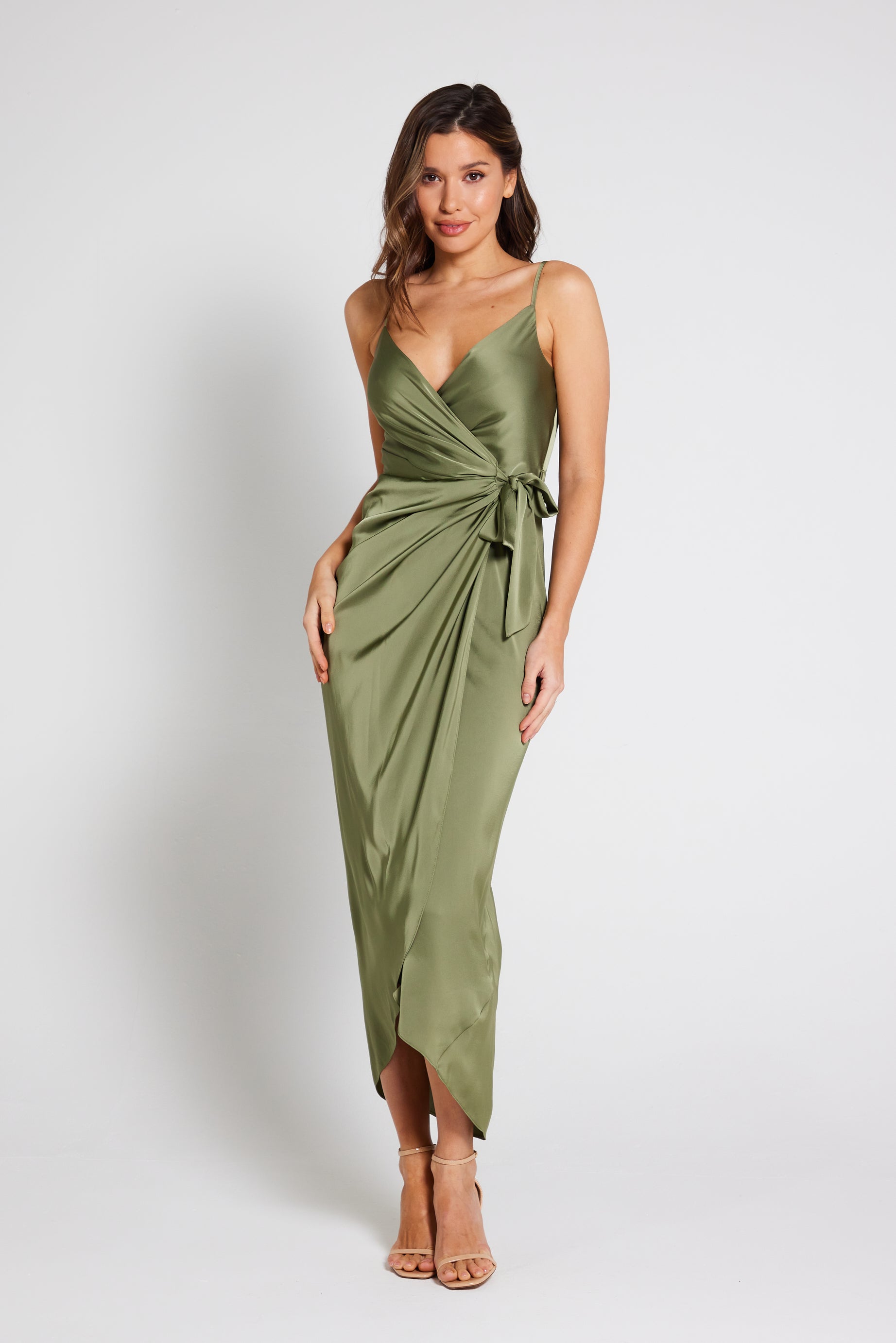 Olive Satin Tie Waist Cami Wrap Dress Luxe Collection Liena UK