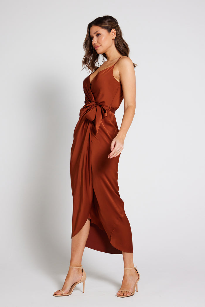 Rosa Tie Side Satin Cami Wrap Dress - Rust