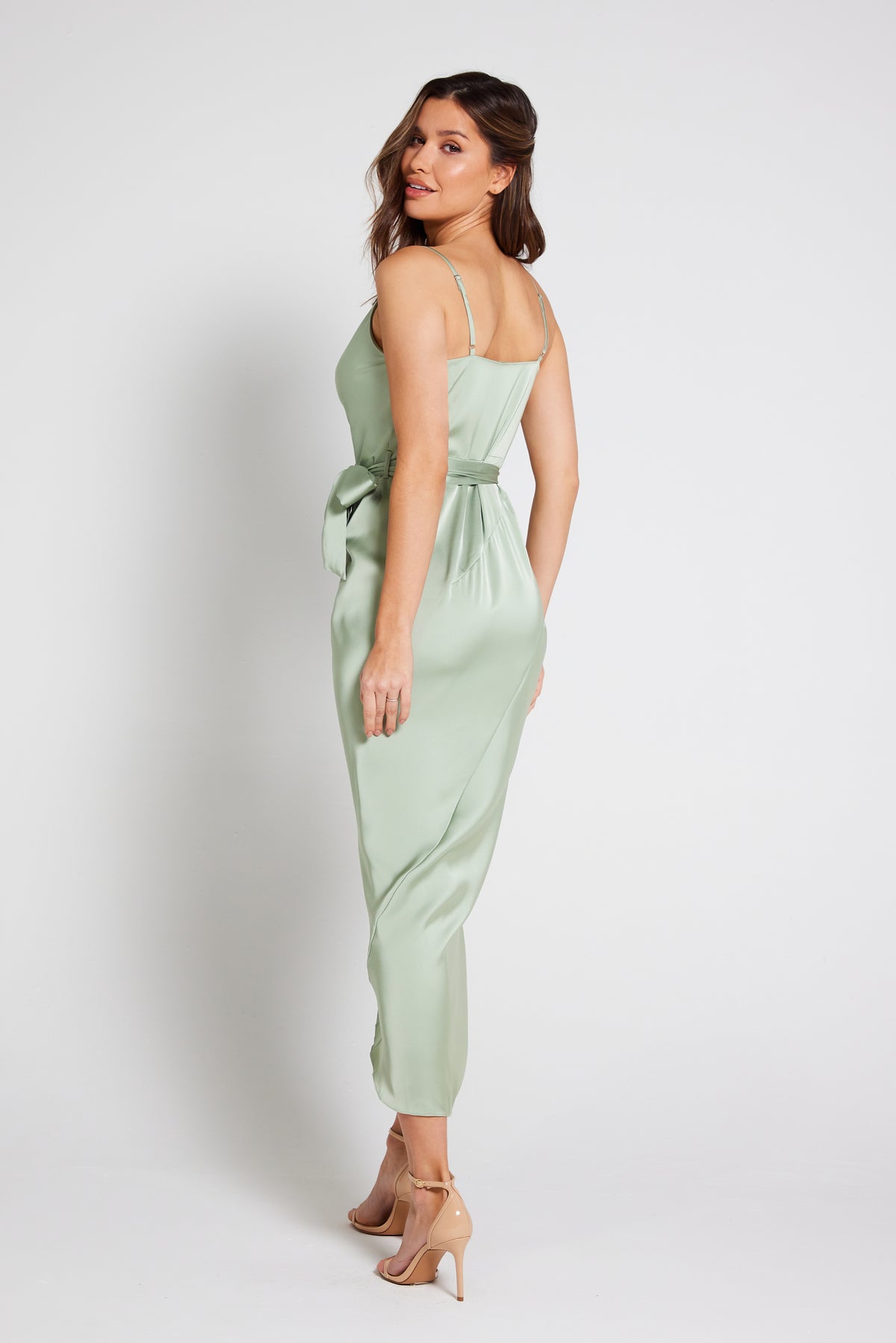 Rosa Tie Side Satin Cami Wrap Dress - Sage Green