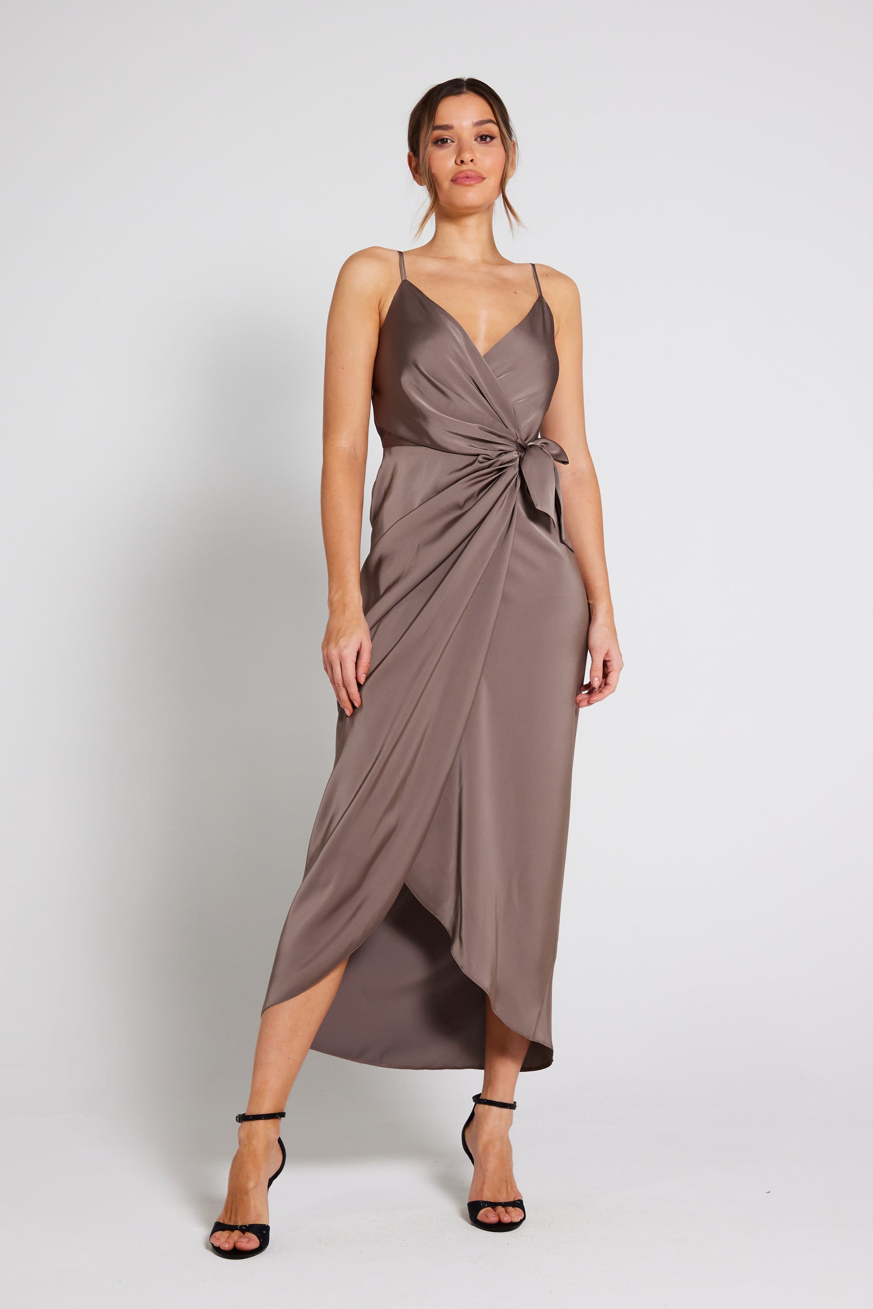 Taupe Satin Tie Waist Cami Wrap Dress | Luxe Collection | Liena UK Taupe Satin Tie Waist Cami Wrap Dress | Luxe Collection | Liena UK