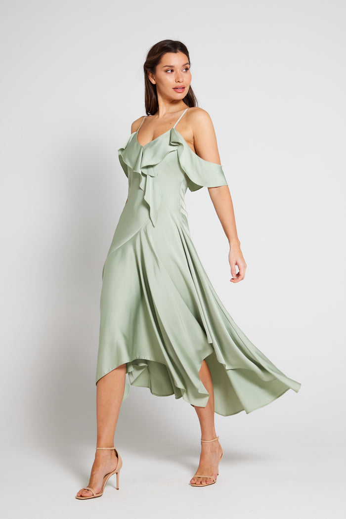 Vienna Frill Cold Shoulder Satin Midi Dress - Sage Green