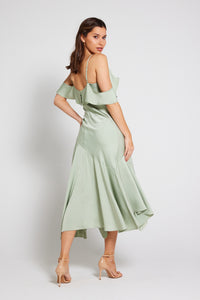 Vienna Frill Cold Shoulder Satin Midi Dress - Sage Green