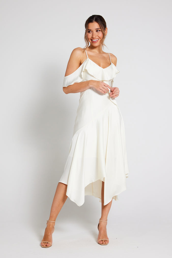 Vienna Frill Cold Shoulder Satin Midi Dress - Ivory