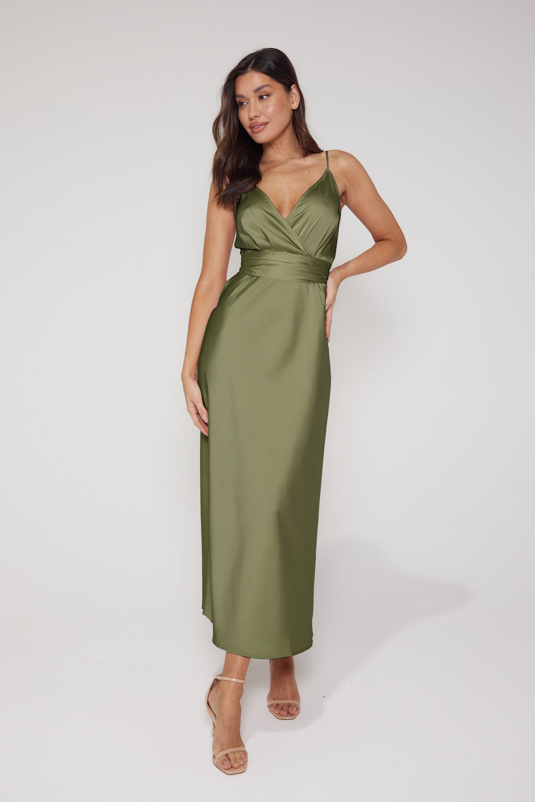 Louisa Tie Waist Cami Wrap Maxi Dress Olive1
