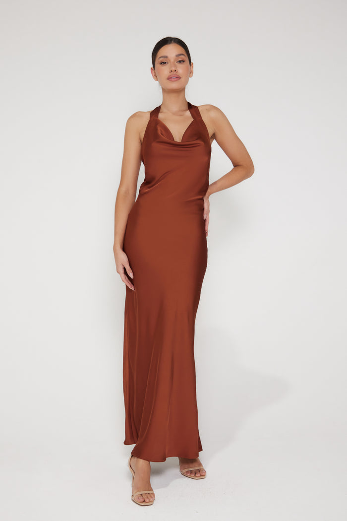 Aurora Cowl Halter Neck Slip Dress - Rust