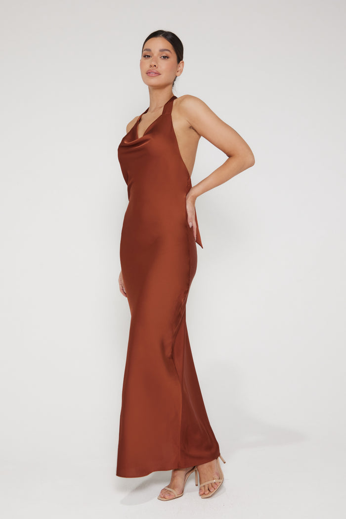 Aurora Cowl Halter Neck Slip Dress - Rust