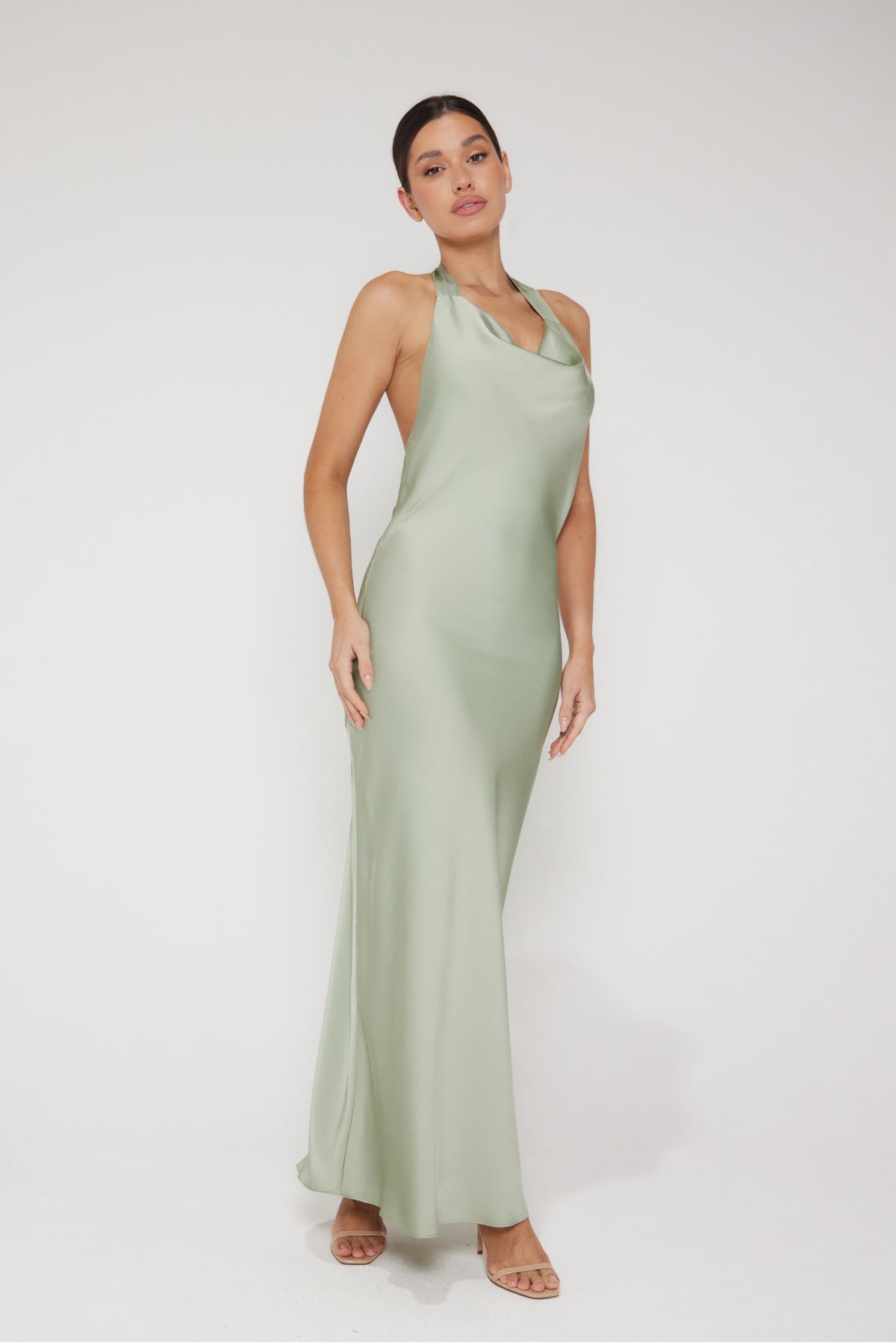 Aurora Cowl Halter Neck Slip Dress - Olive | Liena UK Aurora Cowl Halter Neck Slip Dress - Olive | Liena UK