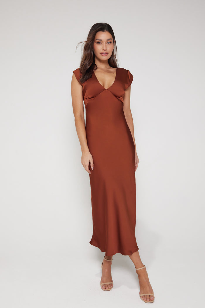 Bianca Short Sleeve V Neck Dress - Rust