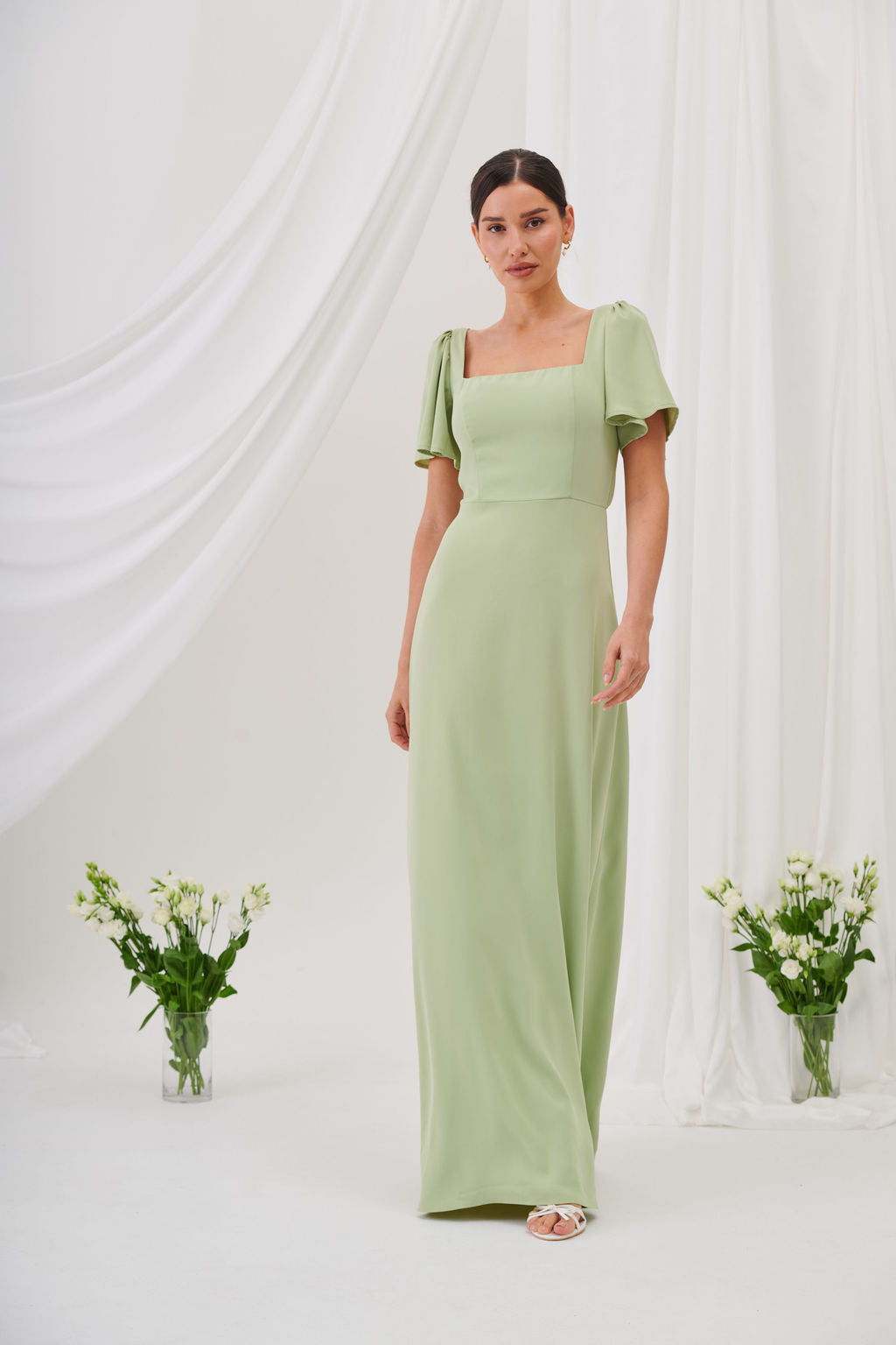 Charlotte Square Neck Flutter Sleeve Maxi Dress  - Sage Green