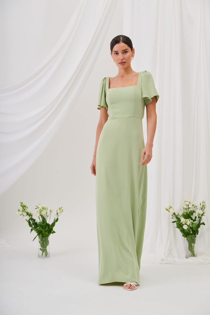 Charlotte Square Neck Flutter Sleeve Maxi Dress  - Sage Green