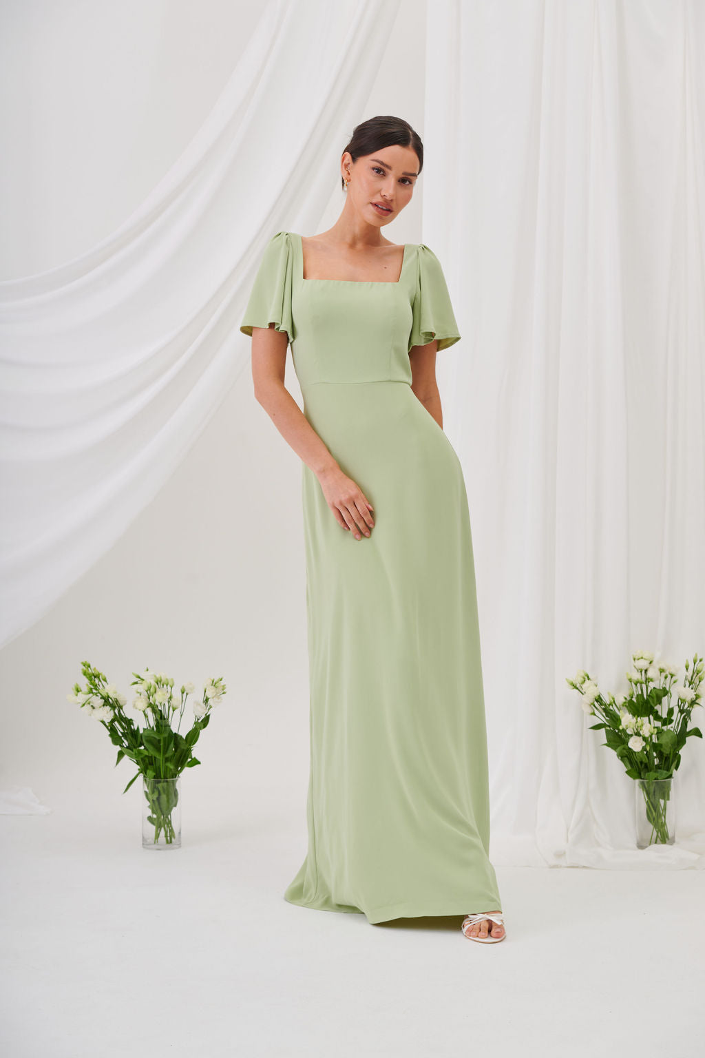 Charlotte Square Neck Flutter Sleeve Maxi Dress  - Sage Green