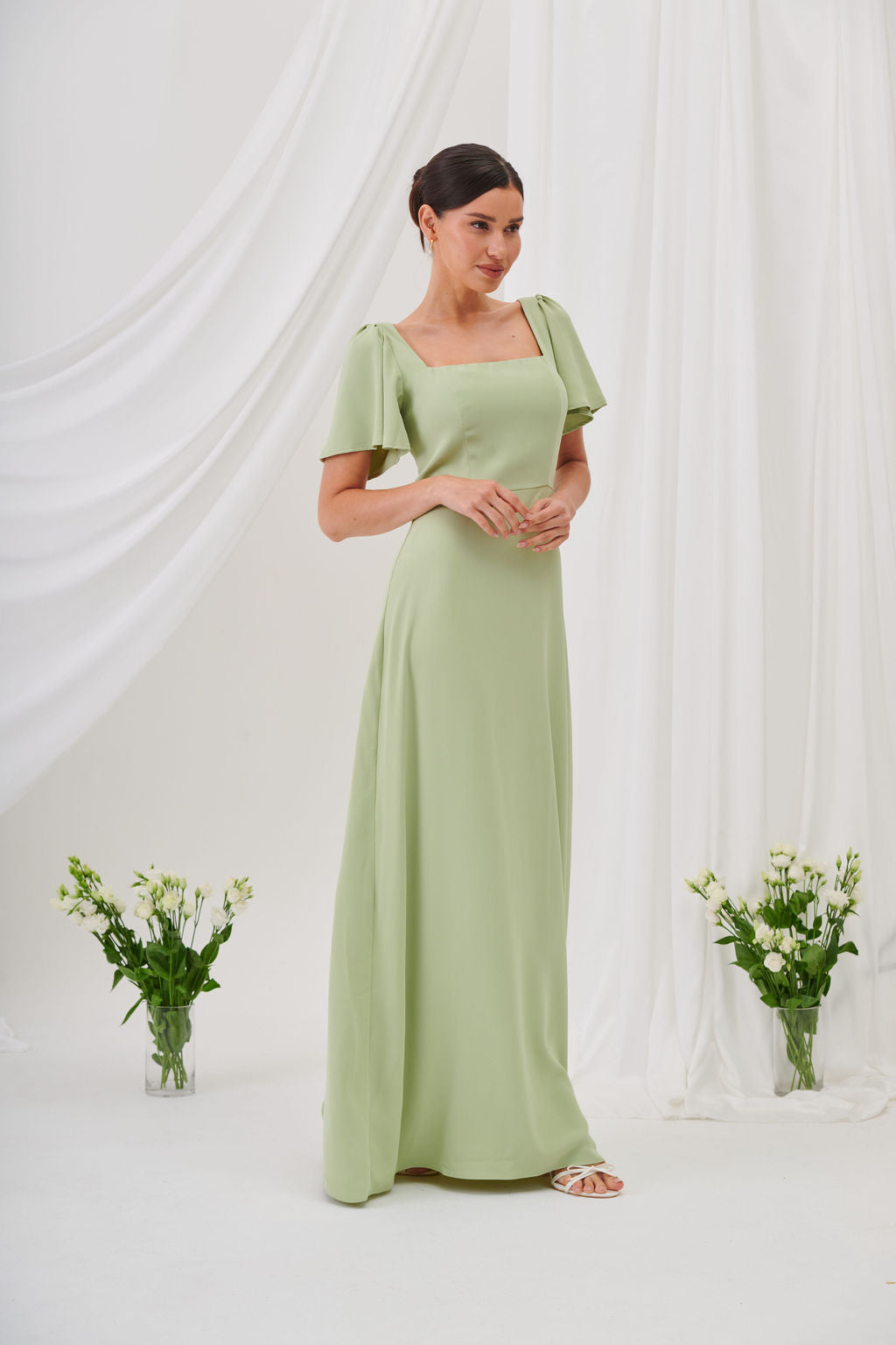 Charlotte Square Neck Flutter Sleeve Maxi Dress  - Sage Green