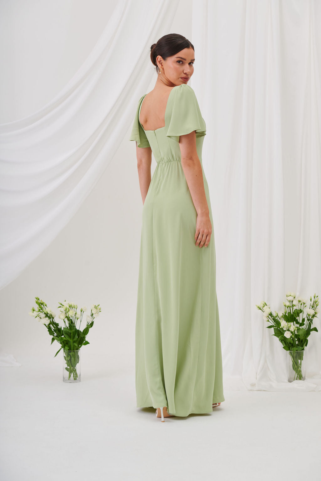 Charlotte Square Neck Flutter Sleeve Maxi Dress  - Sage Green