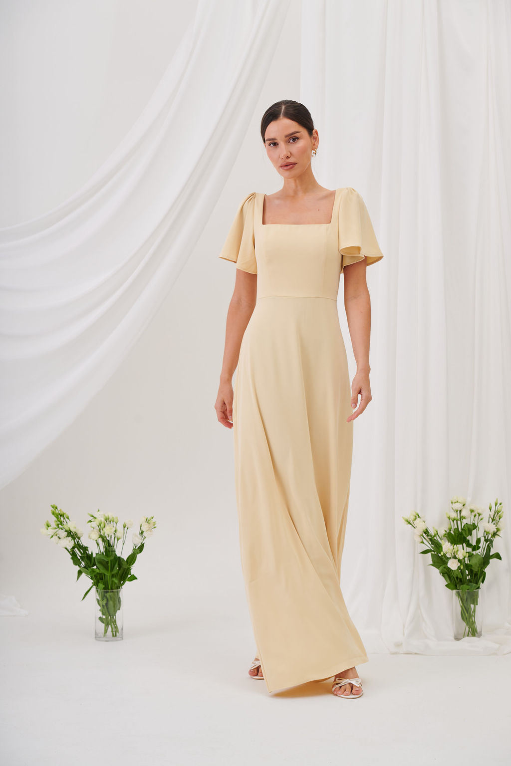 Charlotte Square Neck Flutter Sleeve Maxi Dress  - Butter Yellow