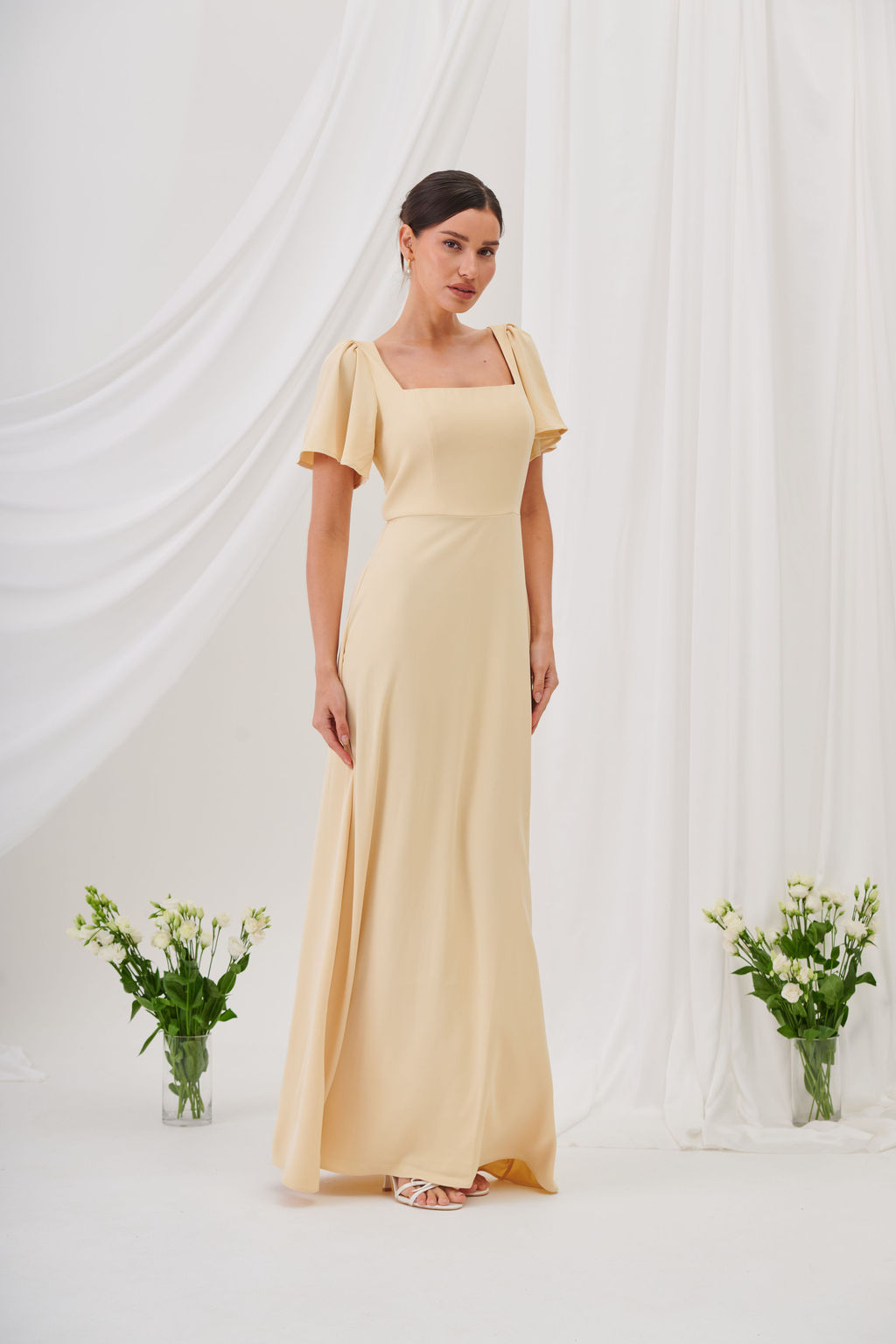Charlotte Square Neck Flutter Sleeve Maxi Dress  - Butter Yellow