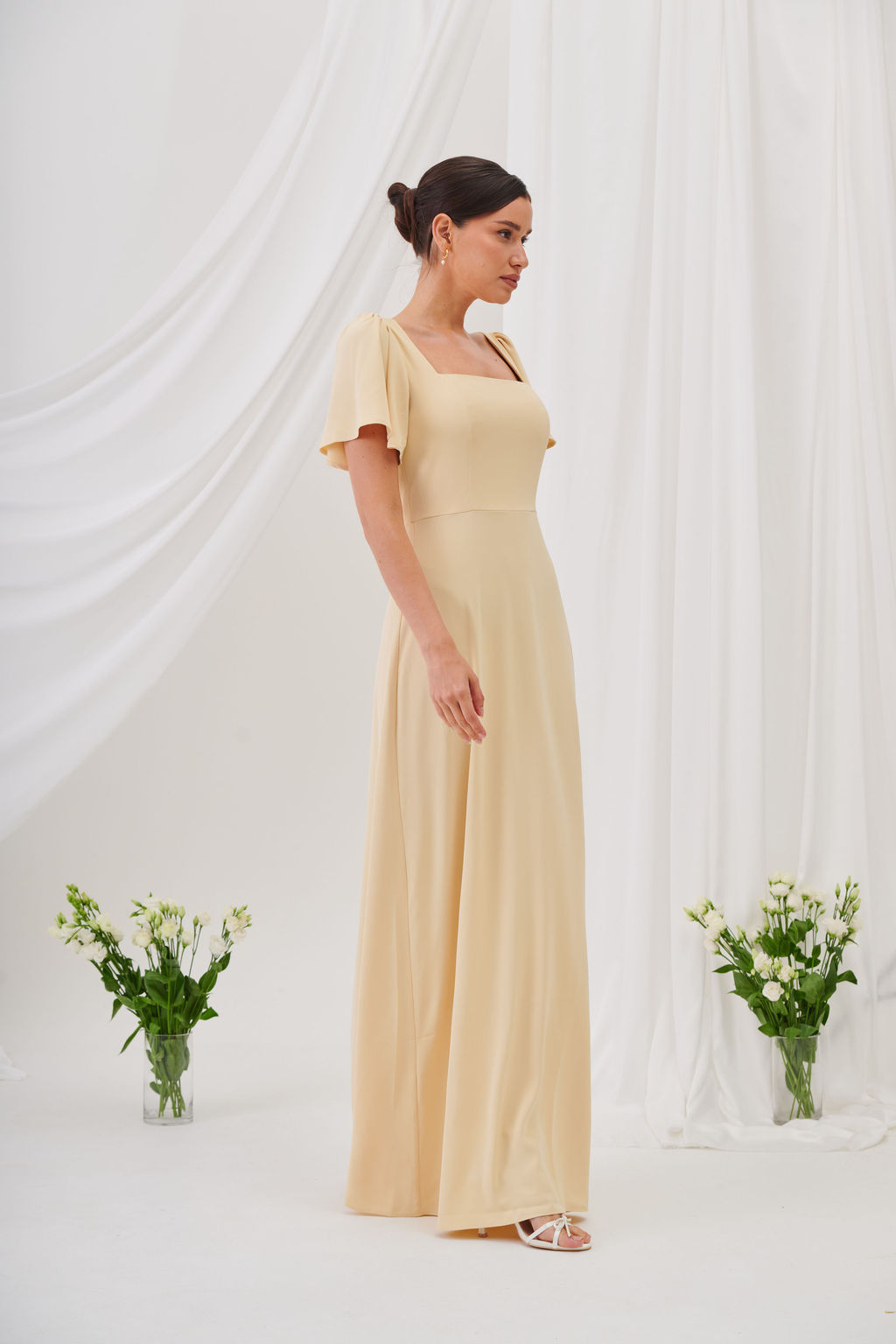 Charlotte Square Neck Flutter Sleeve Maxi Dress  - Butter Yellow