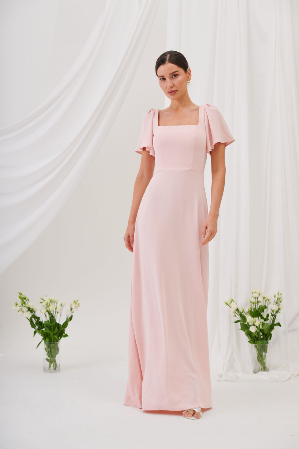 Charlotte Square Neck Flutter Sleeve Maxi Dress - Blush Liena Charlotte Square Neck Flutter Sleeve Maxi Dress - Blush Liena