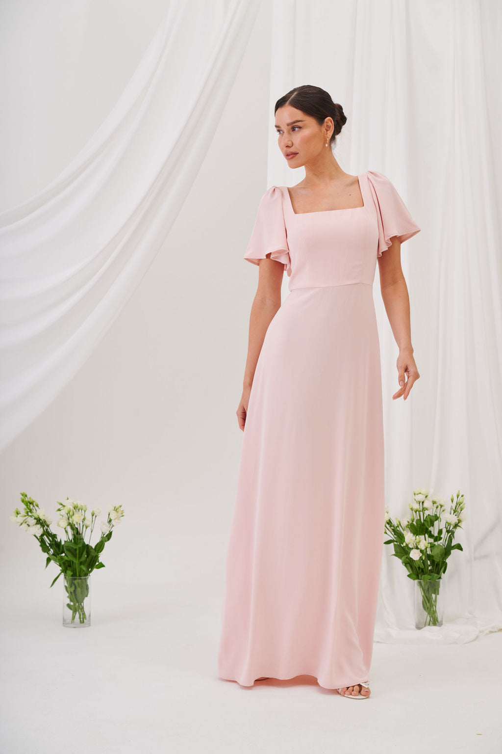 Charlotte Square Neck Flutter Sleeve Maxi Dress  - Blush