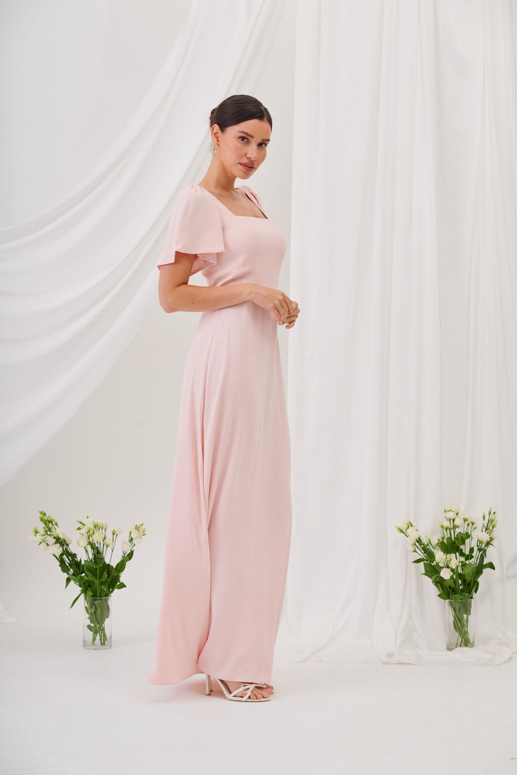Charlotte Square Neck Flutter Sleeve Maxi Dress  - Blush