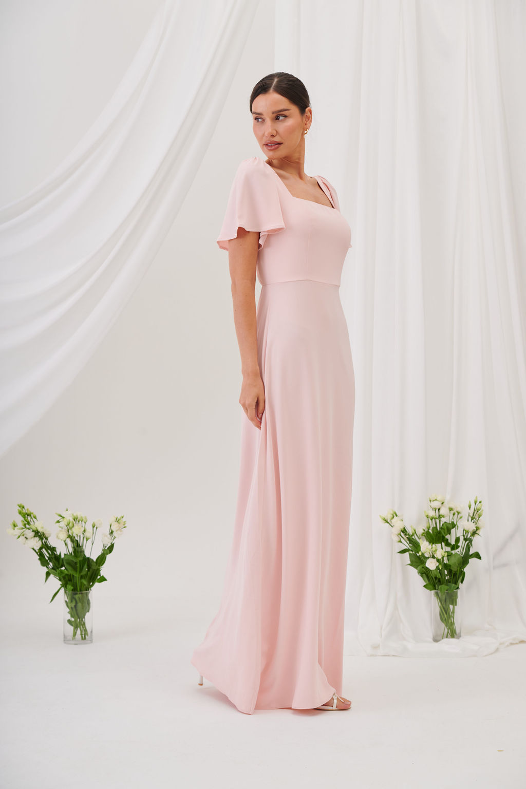 Charlotte Square Neck Flutter Sleeve Maxi Dress  - Blush