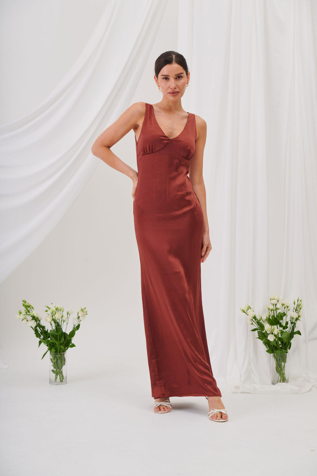 Sienna V-Neck Satin Maxi Dress – Rust