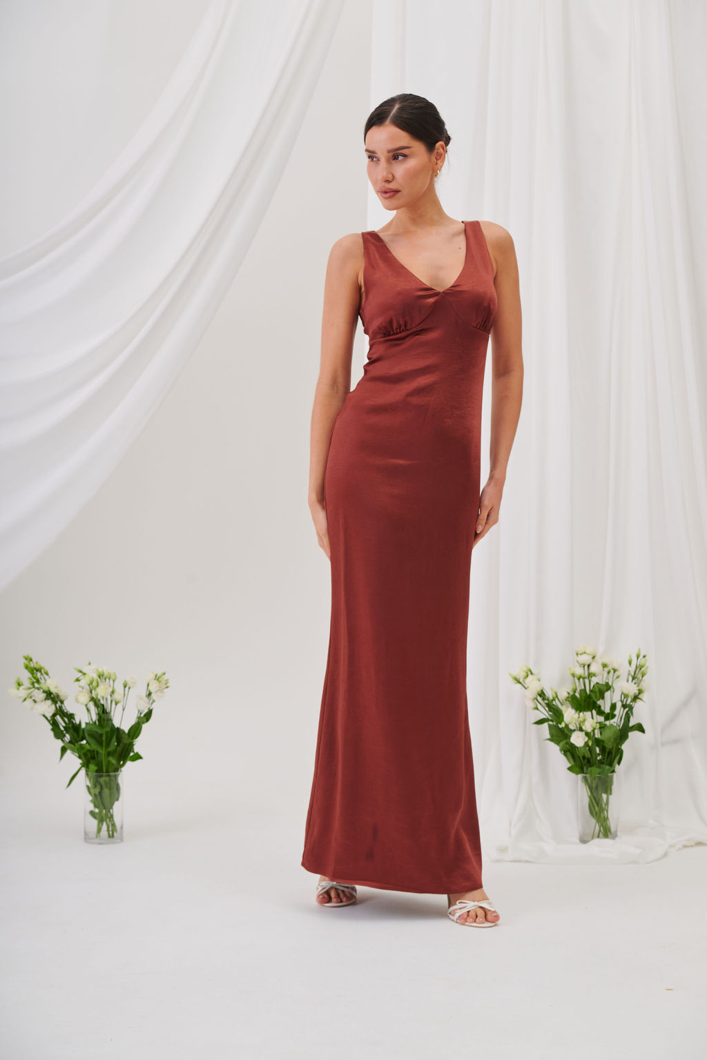 Sienna V-Neck Satin Maxi Dress – Rust