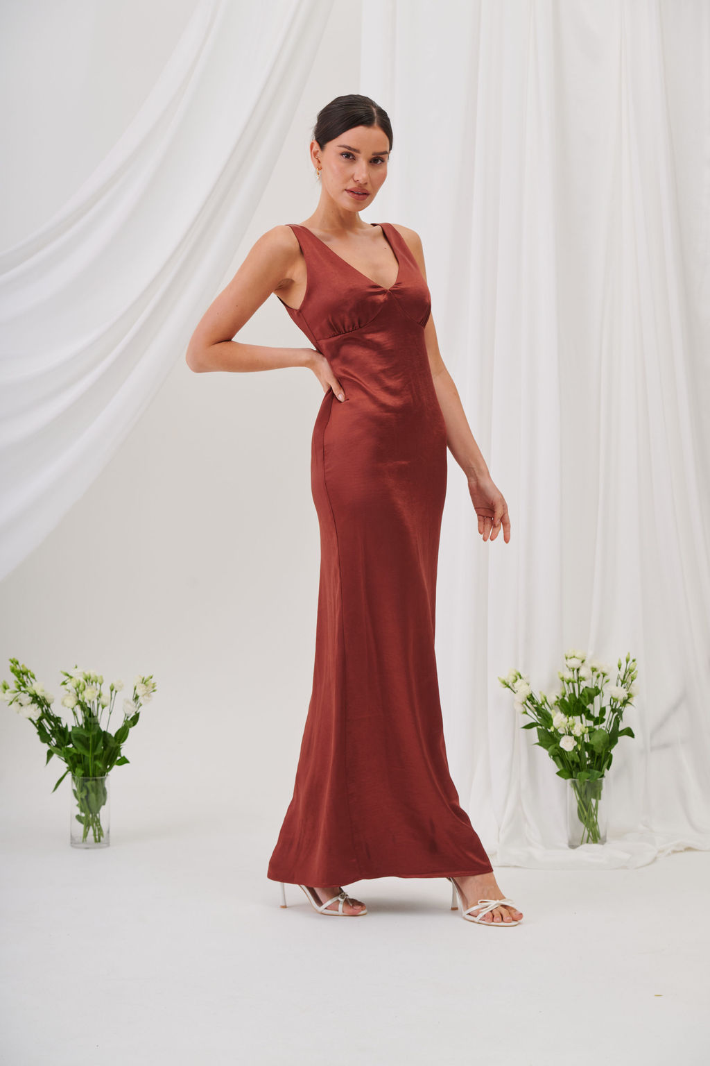 Sienna V-Neck Satin Maxi Dress – Rust