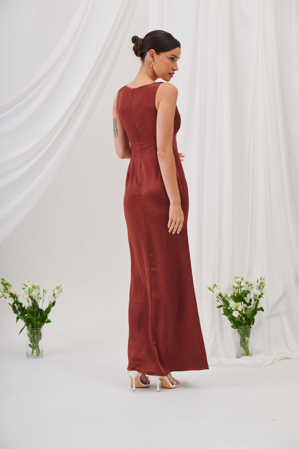 Sienna V-Neck Satin Maxi Dress – Rust