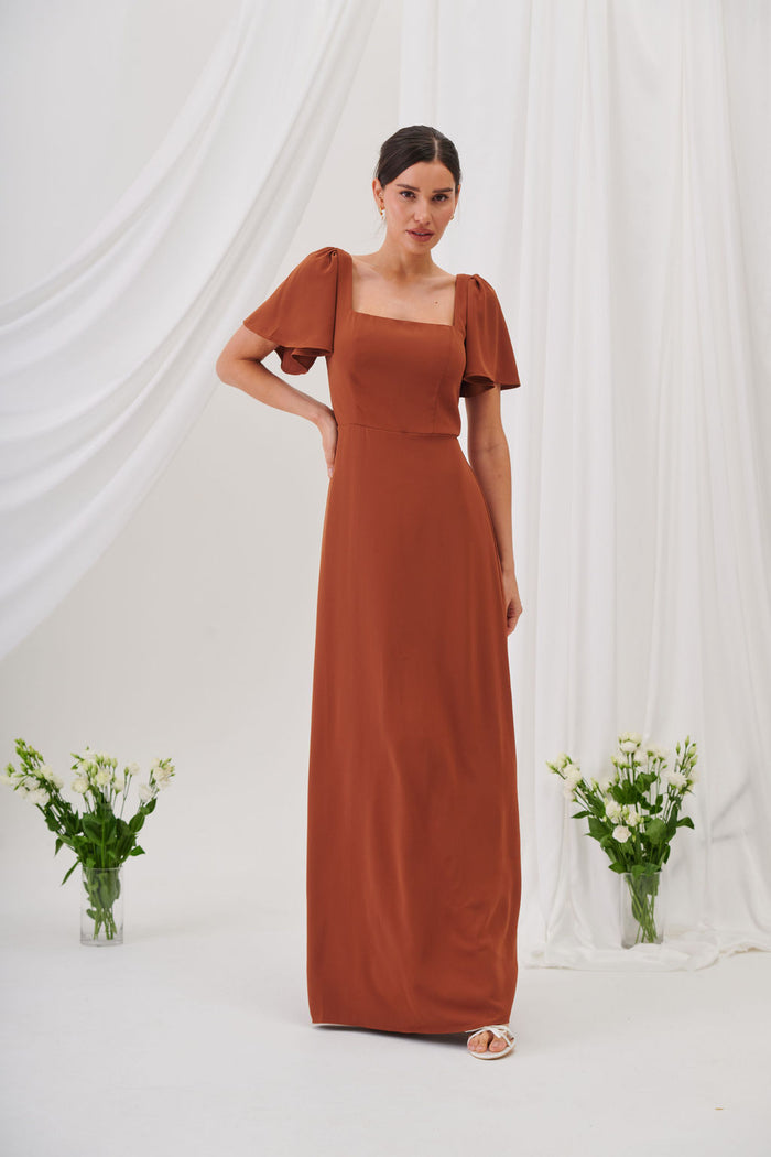 Charlotte Square Neck Flutter Sleeve Maxi Dress  - Rust