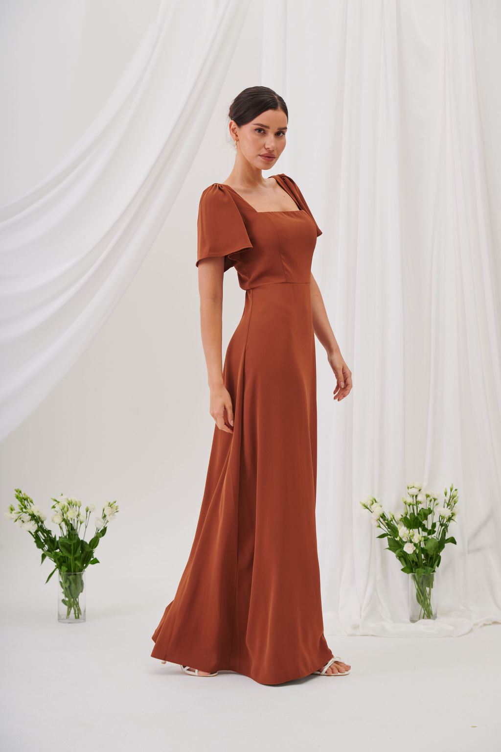 Charlotte Square Neck Flutter Sleeve Maxi Dress  - Rust