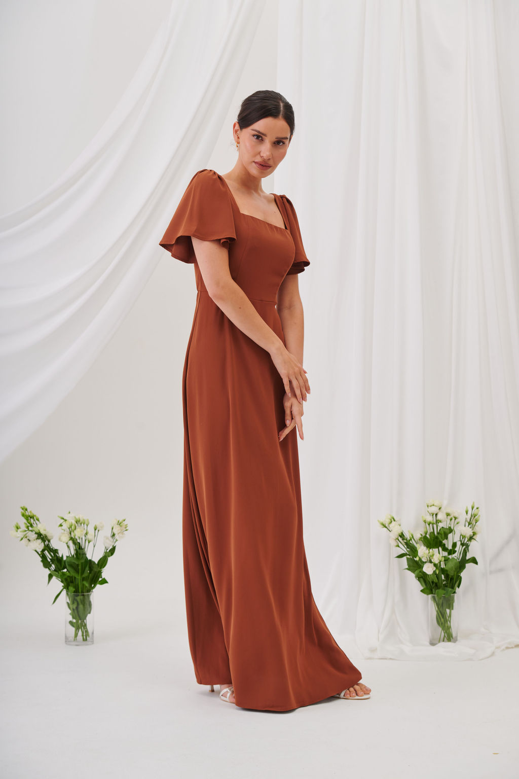 Charlotte Square Neck Flutter Sleeve Maxi Dress  - Rust