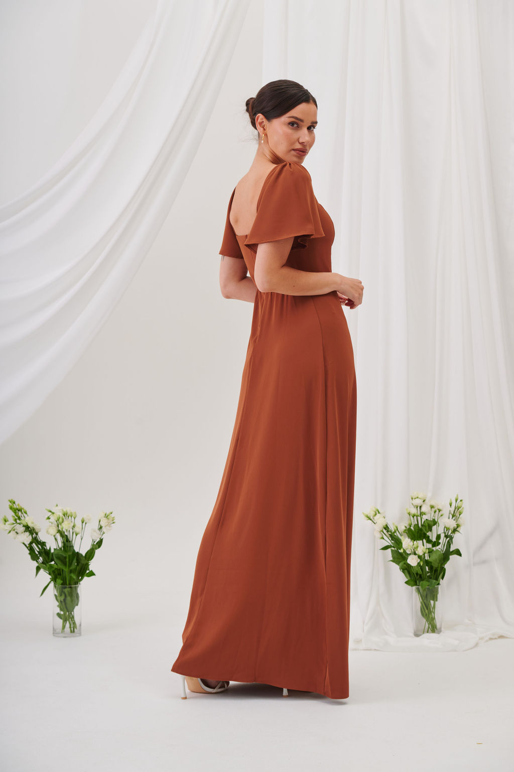 Charlotte Square Neck Flutter Sleeve Maxi Dress  - Rust