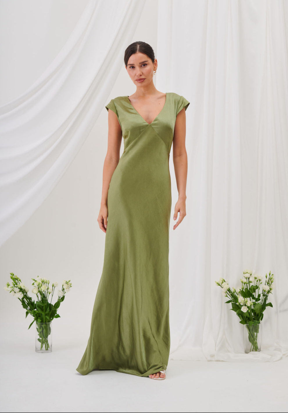 New Bianca Short Sleeve V Neck Maxi Dress - Olive
