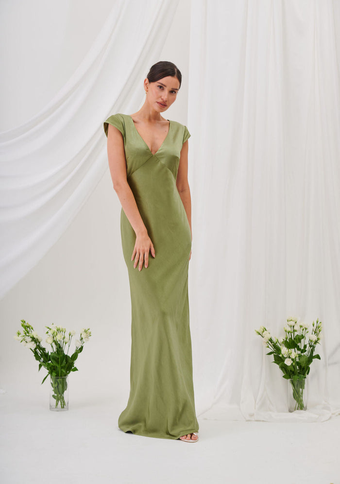 New Bianca Short Sleeve V Neck Maxi Dress - Olive