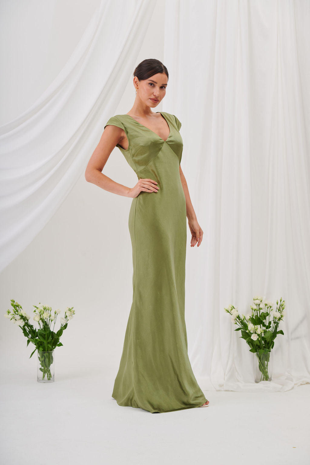 New Bianca Short Sleeve V Neck Maxi Dress - Olive