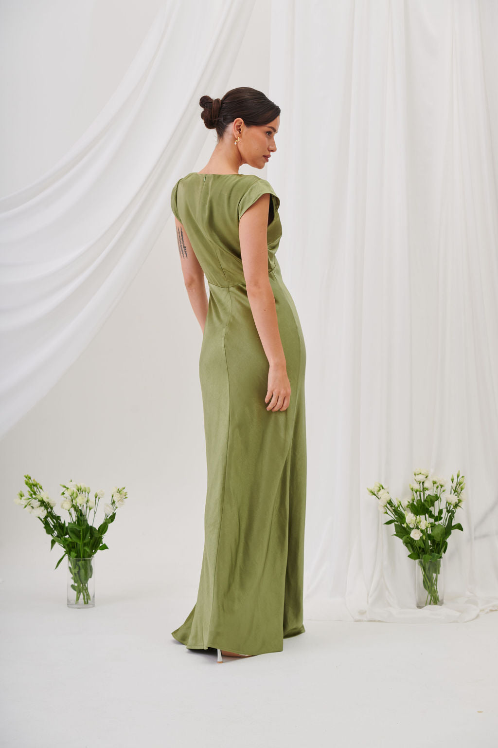 New Bianca Short Sleeve V Neck Maxi Dress - Olive