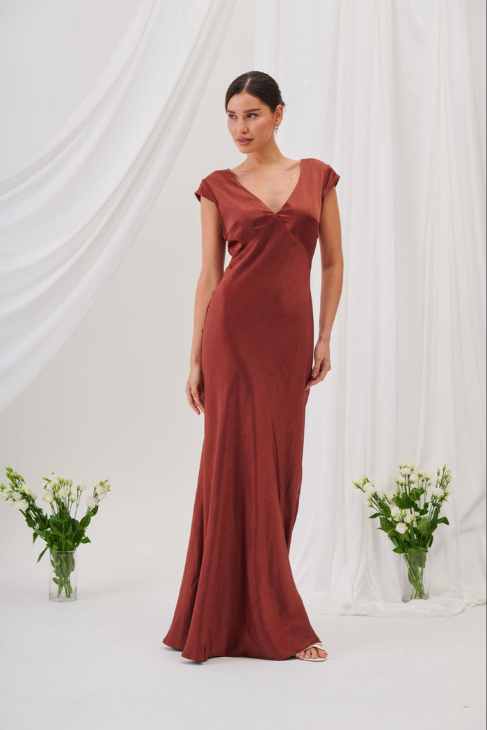 New Bianca Short Sleeve V Neck Maxi Dress -Rust