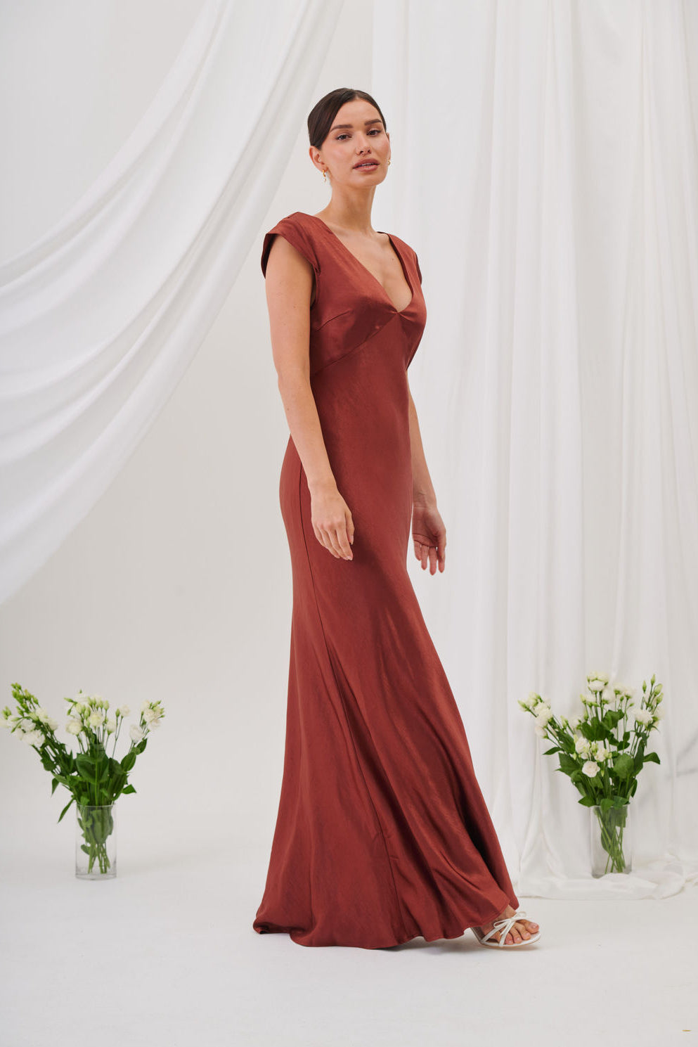 New Bianca Short Sleeve V Neck Maxi Dress -Rust