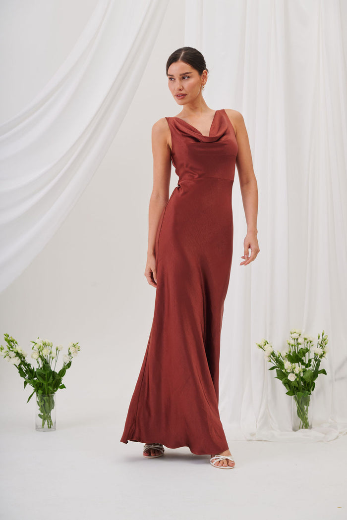 New Rebecca Cowl Neck Satin Maxi Dress – Rust