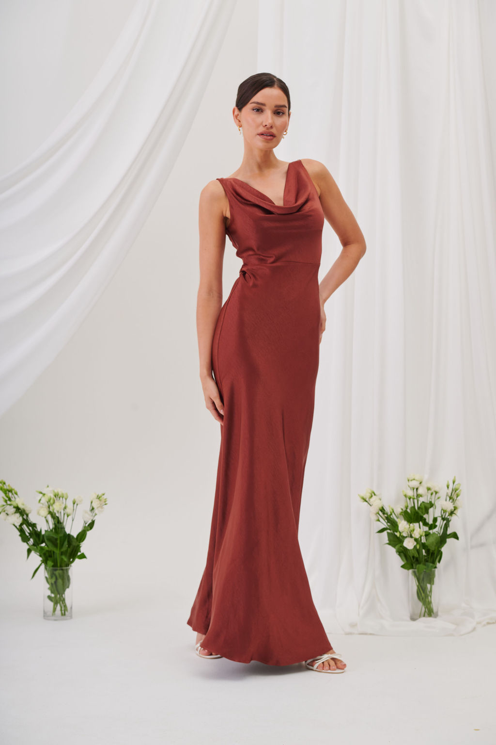 New Rebecca Cowl Neck Satin Maxi Dress – Rust