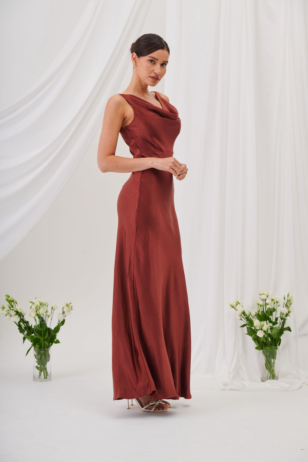 New Rebecca Cowl Neck Satin Maxi Dress – Rust