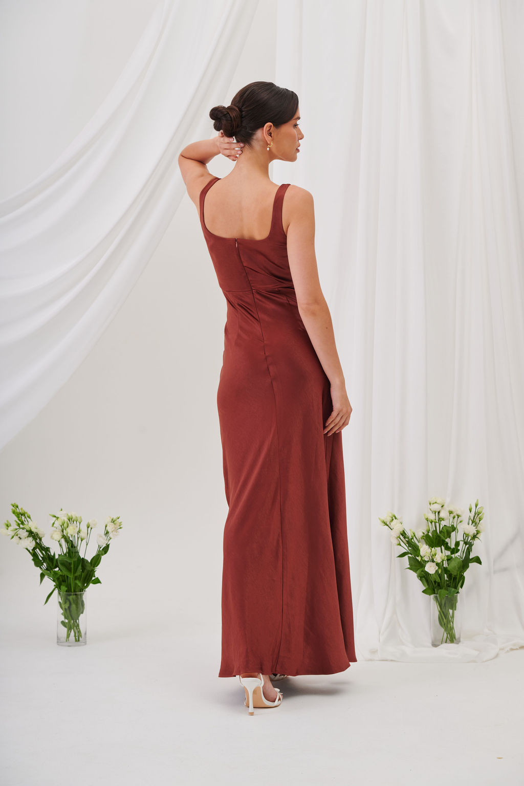 New Rebecca Cowl Neck Satin Maxi Dress – Rust