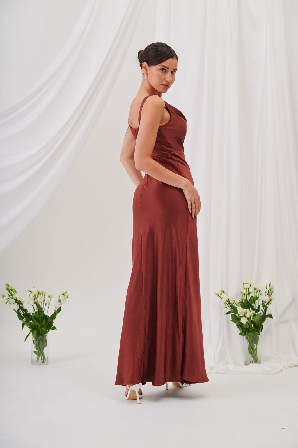 New Rebecca Cowl Neck Satin Maxi Dress – Rust